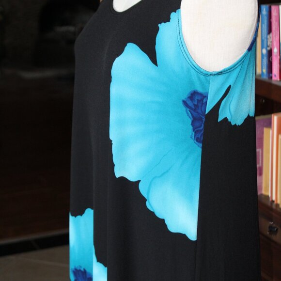 Women's Maxi Tank Dress Sleeveless Blue & Black Floral Print - Picture 4 of 6